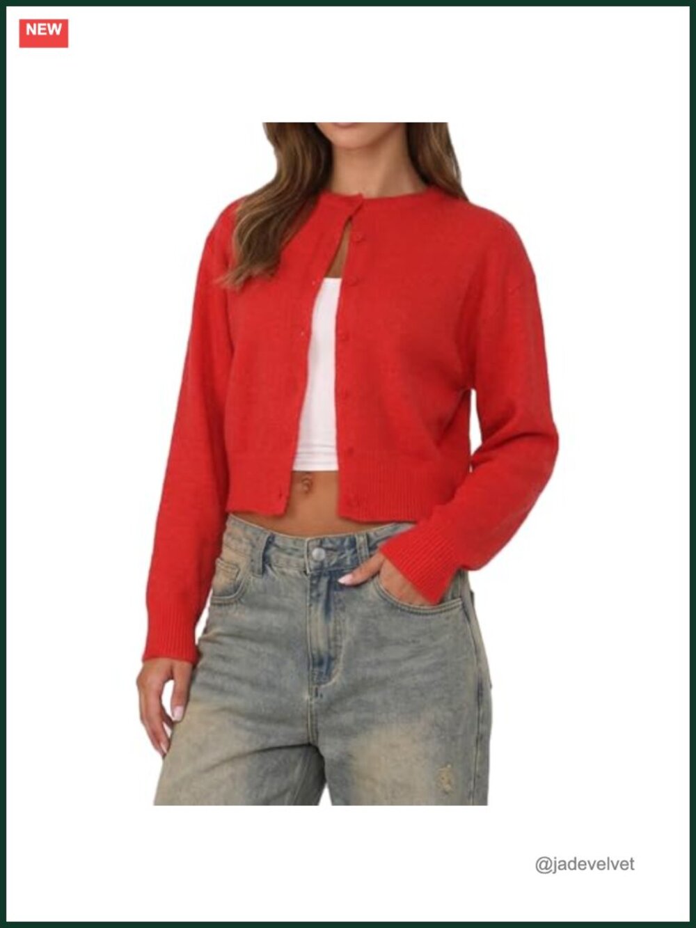 Y2K Button Front Crop Cardigan Long Sleeve Crew Neck Knit Sweater
